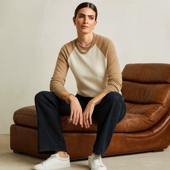 27 MILES MALIBU 100% Cashmere Ringer Sweater Ivory Tan Pink Sz XS $328 {3R28} - Picture 1 of 5